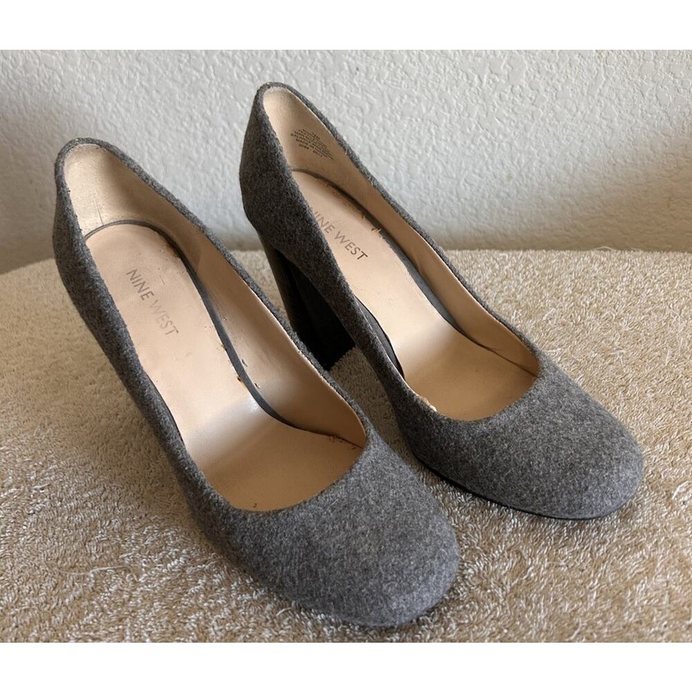 Nine West Women's 7.5 M Denton Gray Tweed Slip-On 4" Heels Pumps Dress Shoes